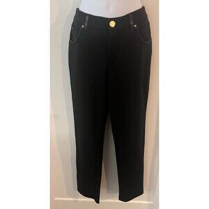 Intro Black Stretch Pants Flat Front Button& Zip Closure Faux Leather Trim Sz 6